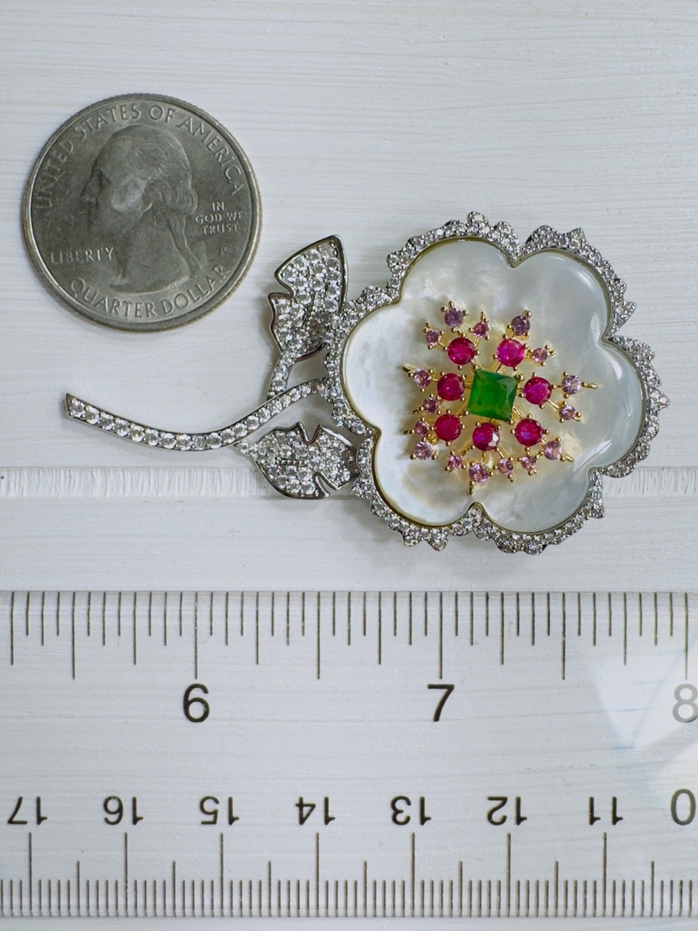 Mother-of-Pearl Floral Brooch with Pink and Green Gem Accents - Picture 5 of 5